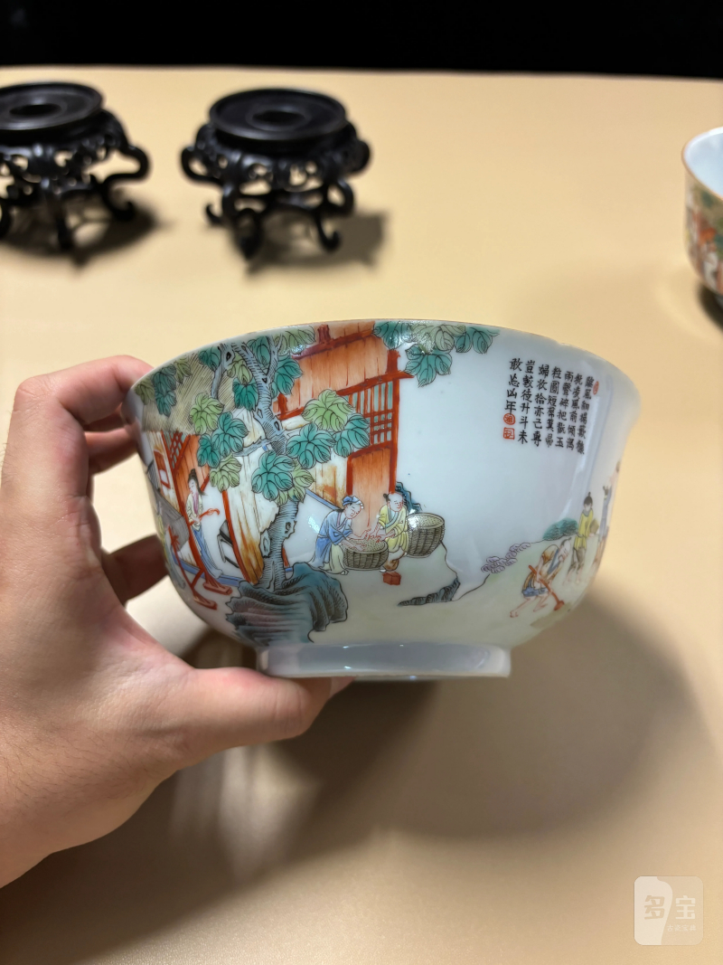 清道光 粉彩耕织图大碗一对 - 图10